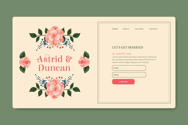 Plantilla de página de destino de boda floral