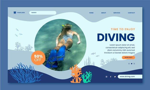 Plantilla de página de destino de buceo de diseño plano