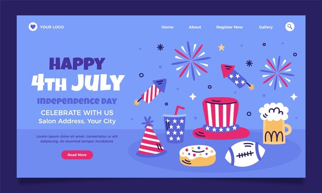 Plantilla de página de destino para la celebración estadounidense del 4 de julio