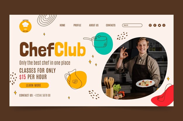 Plantilla de página de destino de chef colorido dibujado a mano