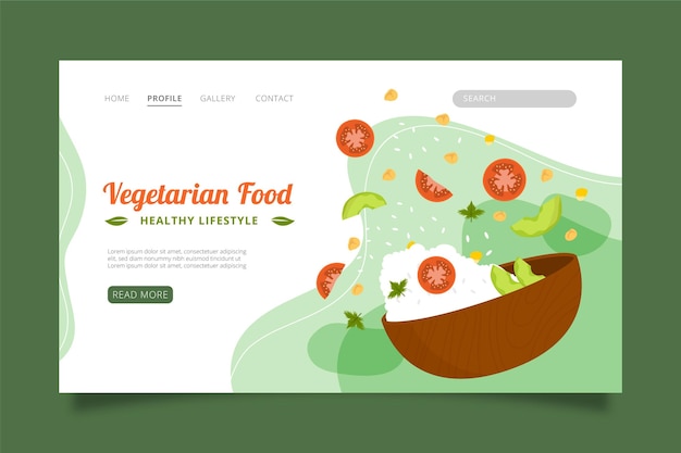Plantilla de página de destino de comida vegetariana plana dibujada a mano
