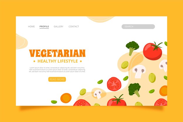 Plantilla de página de destino de comida vegetariana plana dibujada a mano