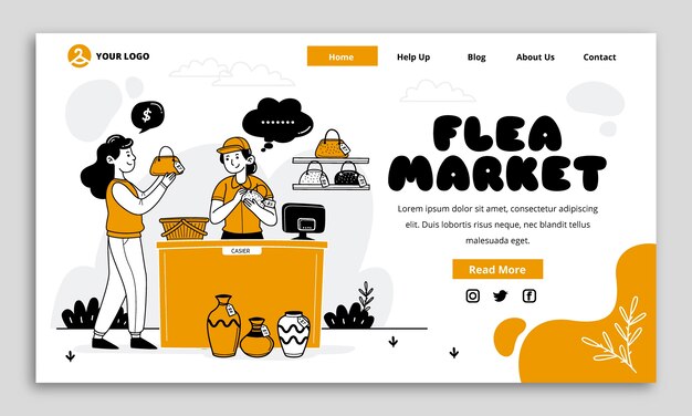 Plantilla de página de destino de compras de mercado de pulgas dibujada a mano
