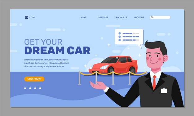 Plantilla de página de destino de concesionario de automóviles de diseño plano