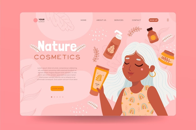 Plantilla de página de destino de cosméticos naturales con mujer ilustrada