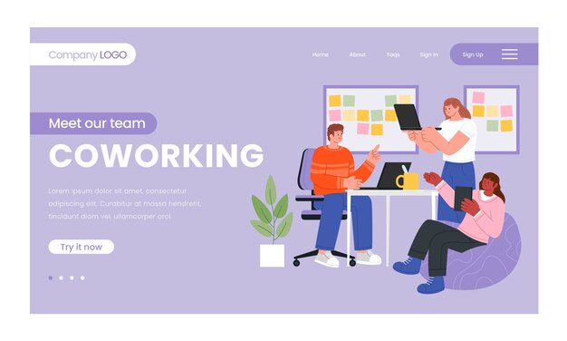 Plantilla de página de destino de coworking de diseño plano