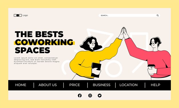 Plantilla de página de destino de coworking de diseño plano