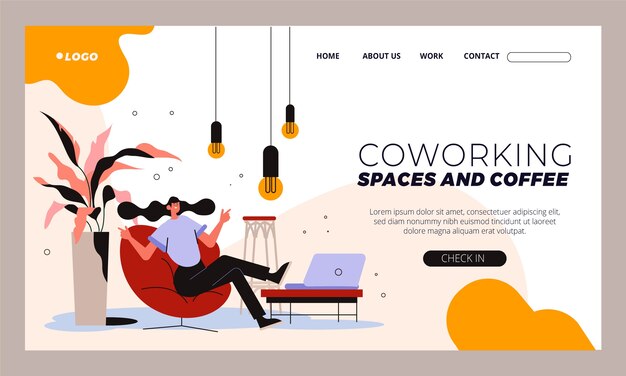 Plantilla de página de destino de coworking de diseño plano