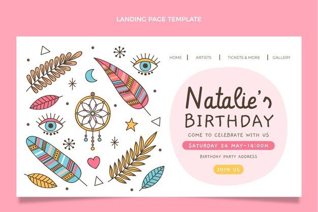 Plantilla de página de destino de cumpleaños boho dibujada a mano