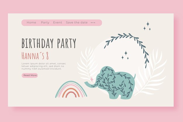 Plantilla de página de destino de cumpleaños boho dibujada a mano