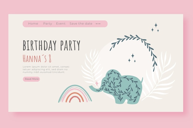 Plantilla de página de destino de cumpleaños boho dibujada a mano