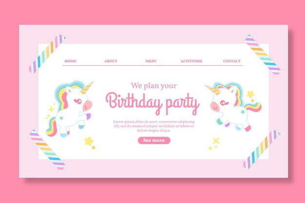 Plantilla de página de destino de cumpleaños infantil unicornio