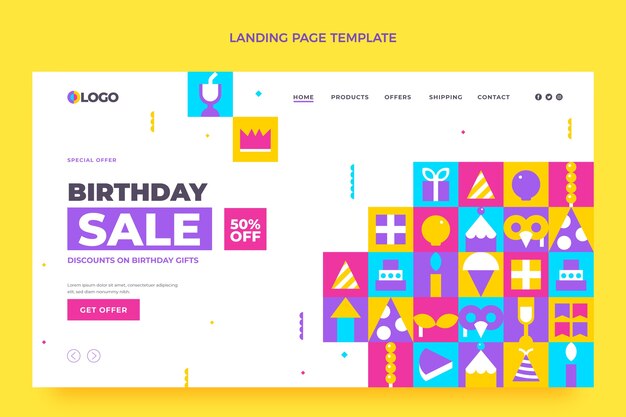 Plantilla de página de destino de cumpleaños de mosaico de diseño plano