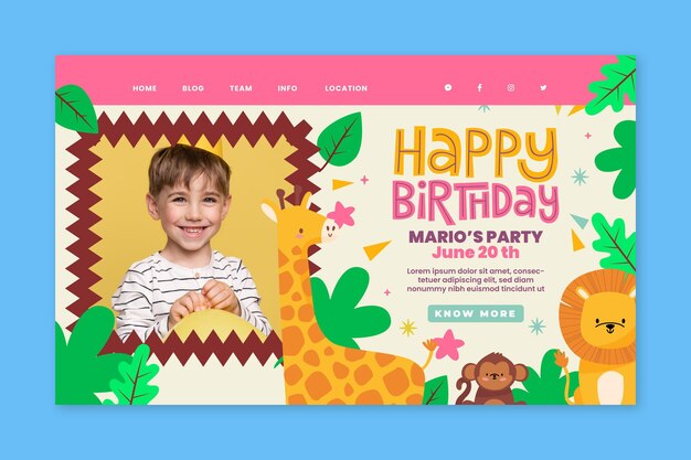 Plantilla de página de destino de cumpleaños para niños