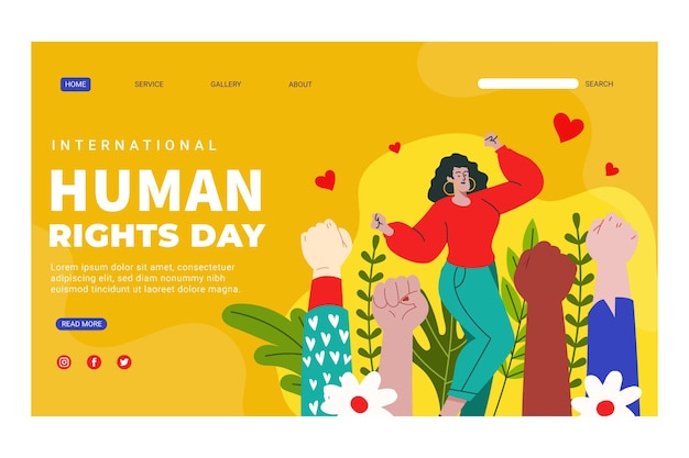 Plantilla de página de destino del día internacional de los derechos humanos dibujada a mano