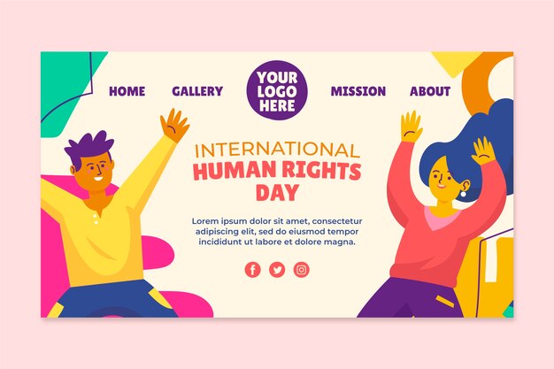 Plantilla de página de destino del día internacional de los derechos humanos dibujada a mano