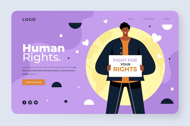 Plantilla de página de destino del día internacional de los derechos humanos dibujada a mano