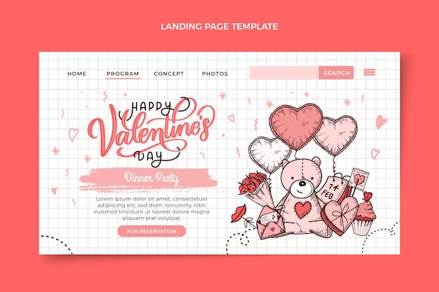 Plantilla de página de destino del día de san valentín dibujada a mano