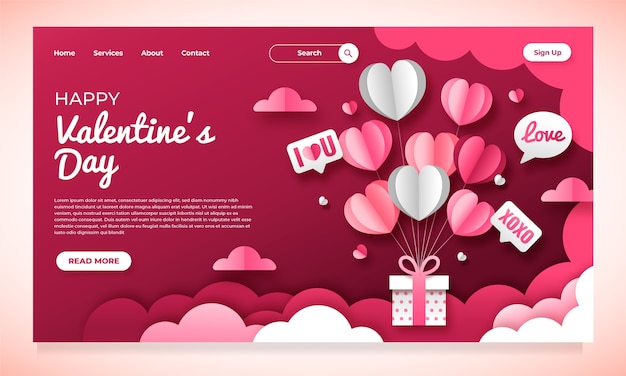 Vector gratuito plantilla de página de destino del día de san valentín estilo papel