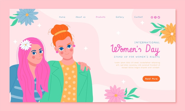 Vector gratuito plantilla de página de destino dibujada a mano para la celebración del día de la mujer