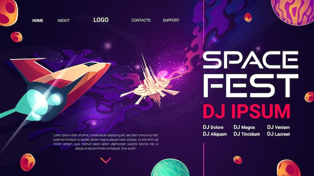 Plantilla de página de destino de dibujos animados de Space Fest para espectáculo musical o concierto con actuación de dj.