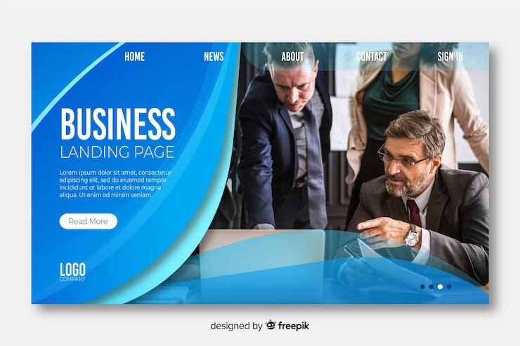 Vector gratuito plantilla de página de destino empresarial con foto