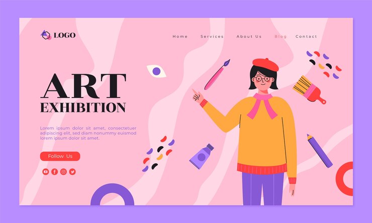 Vector gratuito plantilla de página de destino de evento de exhibición de arte plano