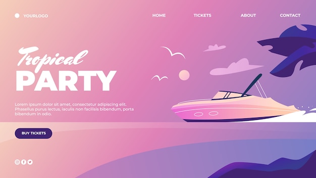 Vector gratuito plantilla de página de destino de fiesta en barco degradado con barco en el agua al atardecer
