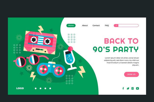 Plantilla de página de destino de fiesta colorida de los 90 de diseño plano