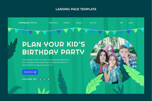 Plantilla de página de destino de fiesta de cumpleaños de jungla plana