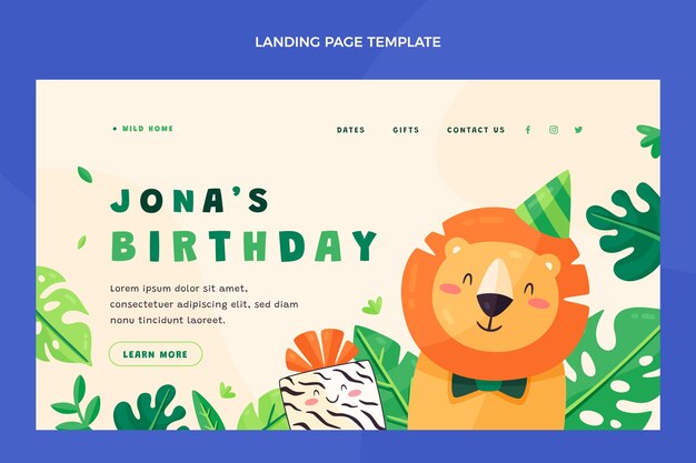 Plantilla de página de destino de fiesta de cumpleaños de jungla plana