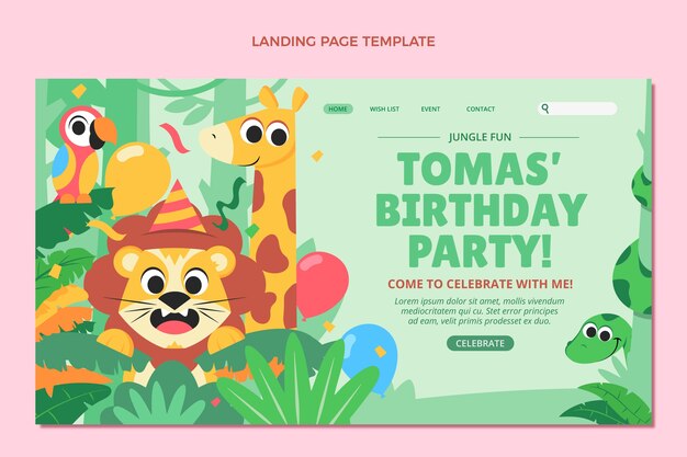 Plantilla de página de destino de fiesta de cumpleaños de jungla plana