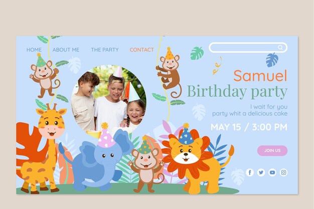 Plantilla de página de destino de fiesta de cumpleaños de jungla plana