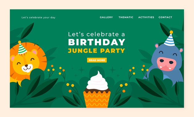 Plantilla de página de destino de fiesta de cumpleaños de jungla plana