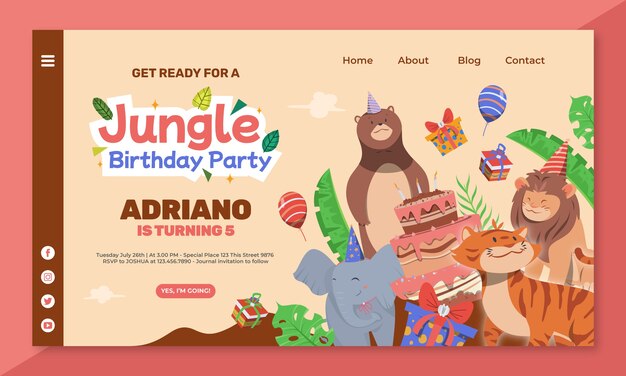 Plantilla de página de destino de fiesta de cumpleaños de jungla plana