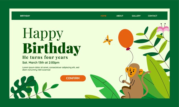 Plantilla de página de destino de fiesta de cumpleaños de jungla plana