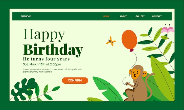 Plantilla de página de destino de fiesta de cumpleaños de jungla plana