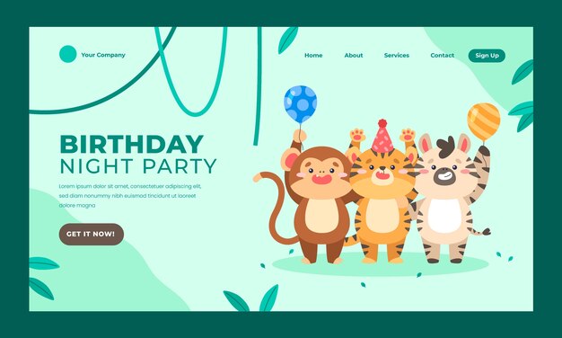 Plantilla de página de destino de fiesta de cumpleaños de jungla plana