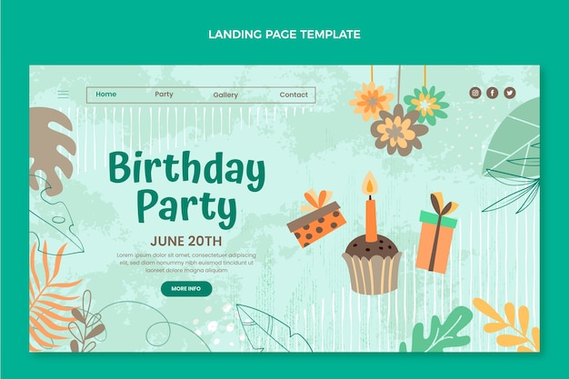 Plantilla de página de destino de fiesta de cumpleaños de selva dibujada a mano