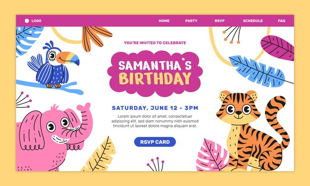 Plantilla de página de destino de fiesta de cumpleaños de selva de dibujos animados dibujados a mano