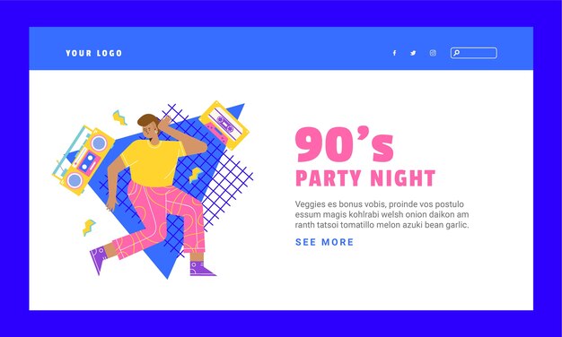 Plantilla de página de destino de fiesta plana de los 90