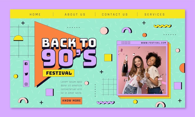 Plantilla de página de destino de fiesta retro de los 90 de diseño plano