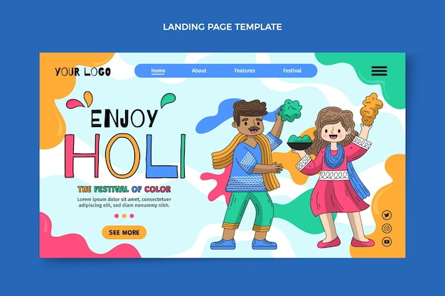 Vector gratuito plantilla de página de destino de holi dibujada a mano