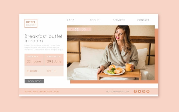 Vector gratuito plantilla de página de destino de hotel con foto