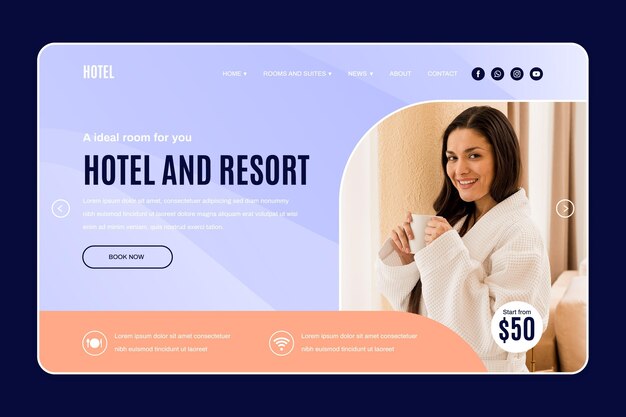 Plantilla de página de destino de hotel moderno con foto