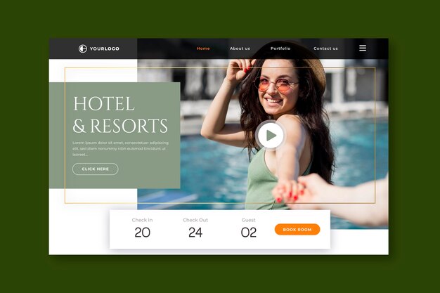 Vector gratuito plantilla de página de destino de hotel plana con foto