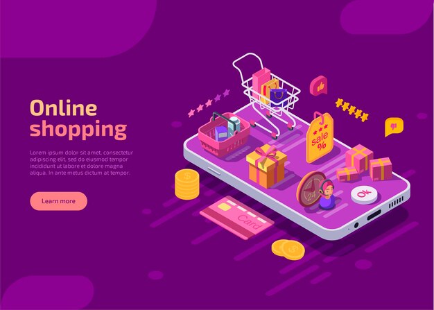 Plantilla de página de destino isométrica de compras en línea, banner web sobre fondo morado.