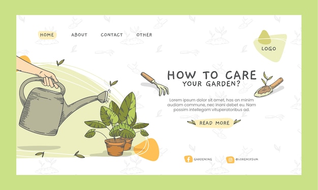 Plantilla de página de destino de jardinería de grabado dibujado a mano