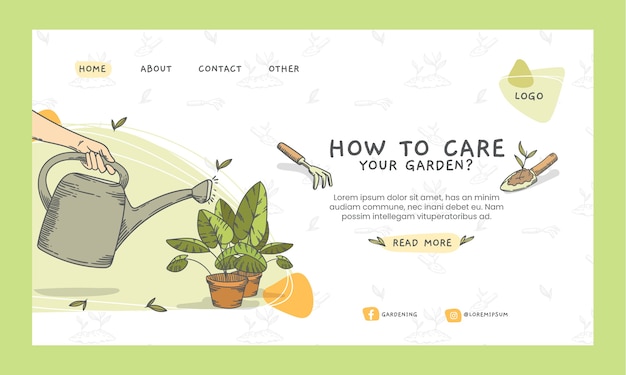 Vector gratuito plantilla de página de destino de jardinería de grabado dibujado a mano