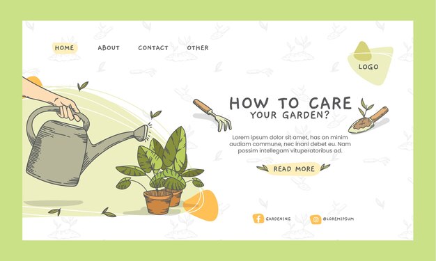 Plantilla de página de destino de jardinería de grabado dibujado a mano